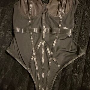 Black Satin-Trim Bodysuit Lace Teddy - Women Intimates